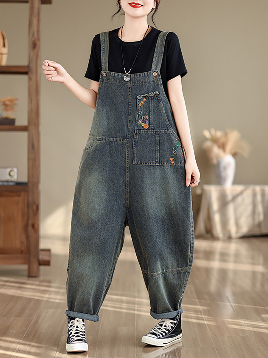 Damen Sommer Jumpsuit aus Denim mit Blumenstickerei CO1056