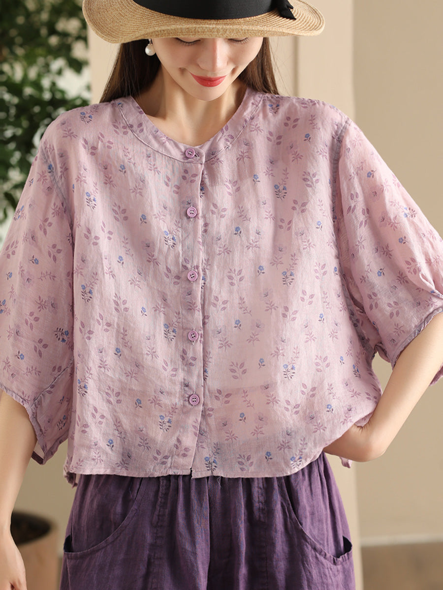 Women Summer Artsy Floral O-Neck Thin Shirt FD023