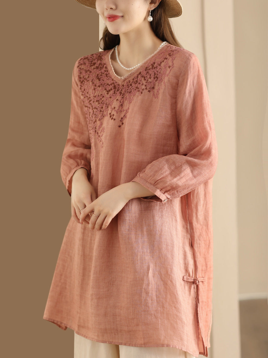 Women Summer Artsy Embroidery Ramie Long Shirt AS1022