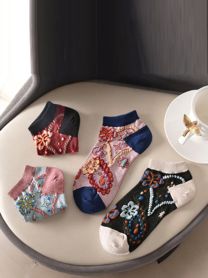 Lot de 5 paires de chaussettes courtes en jacquard fleuri pour femme KL1039