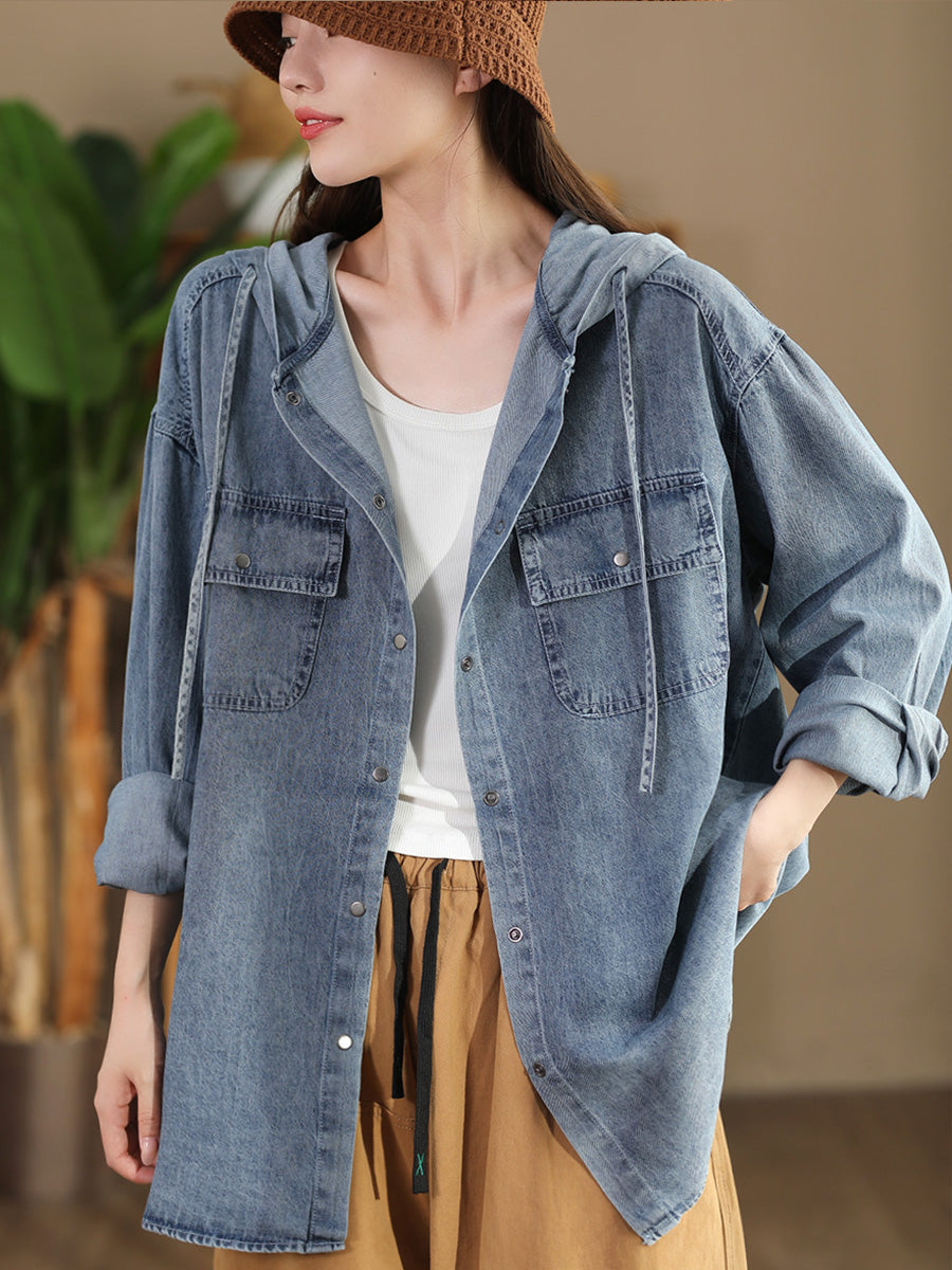 Women Casual Solid Autumn Pocket Denim Hooded Coat AT1026