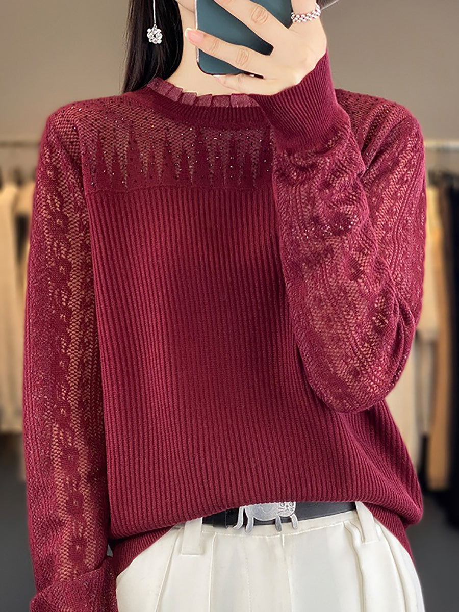 Women Autumn Solid Lace Knit Sweater QM030