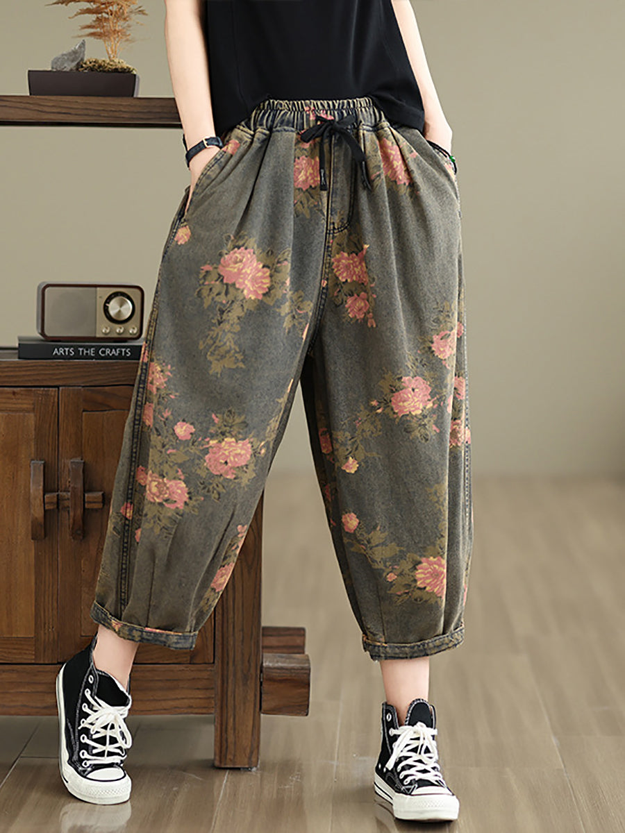 Women Summer Retro Flower  Denim Loose Pants II1003