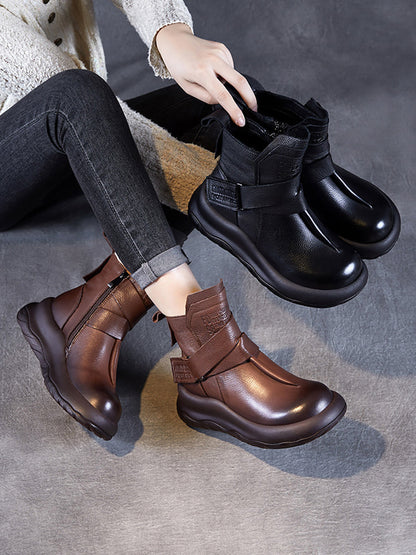 Bottines à plateforme épissées en cuir véritable vintage pour femmes QU002