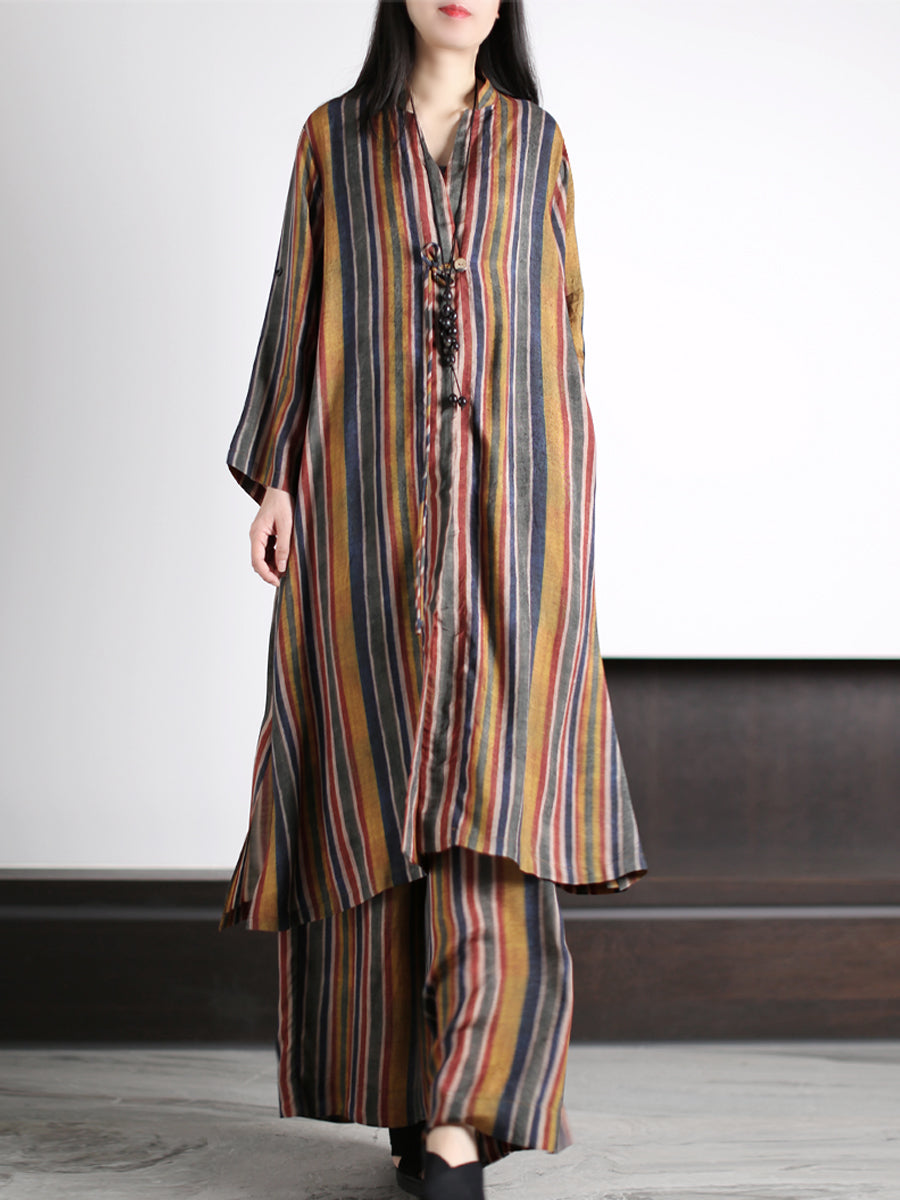 Plus Size Women Vintage Stripe Loose Long Shirt+Pants XX1029