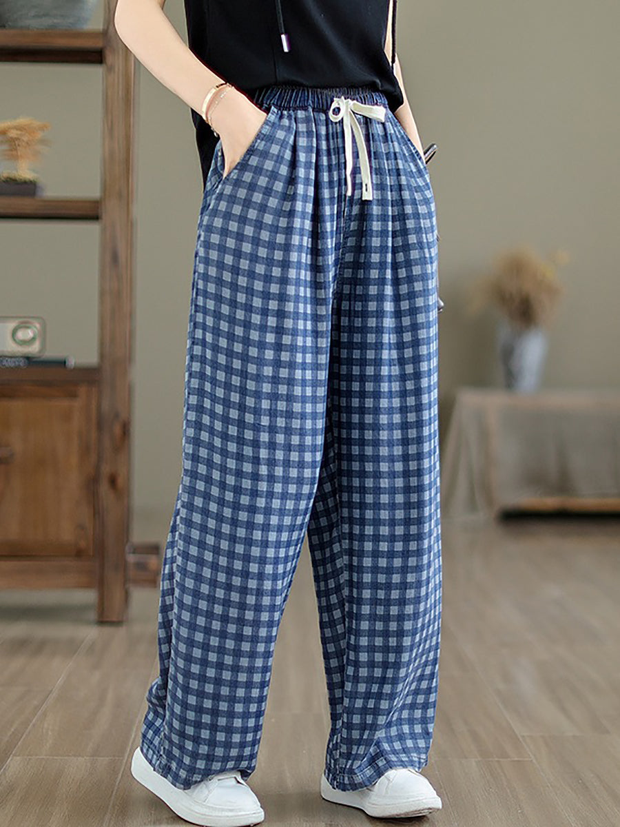 Women Summer Casual Plaid Wide-leg Cotton Pants OP1028