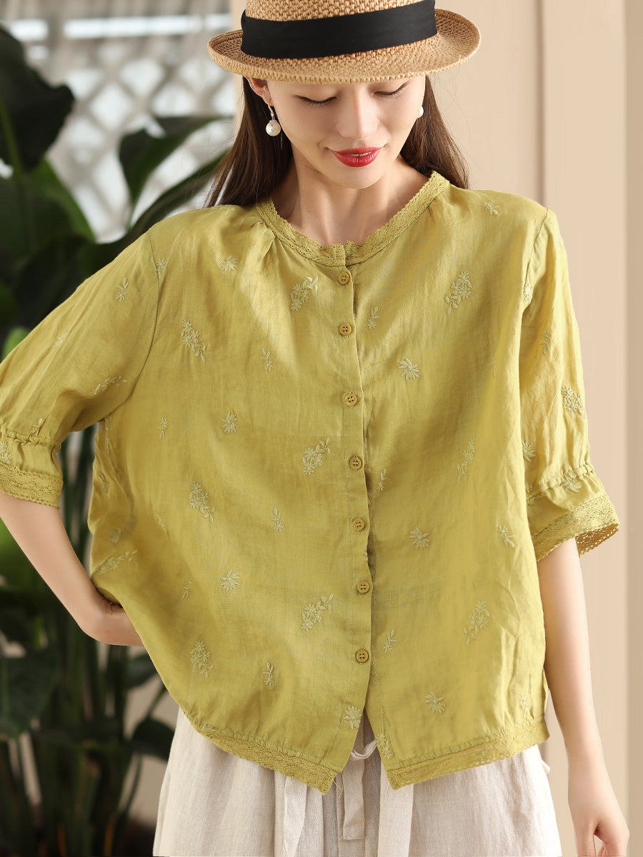 Damen Sommer Vintage Stickerei Button-up Ramie Shirt CX007