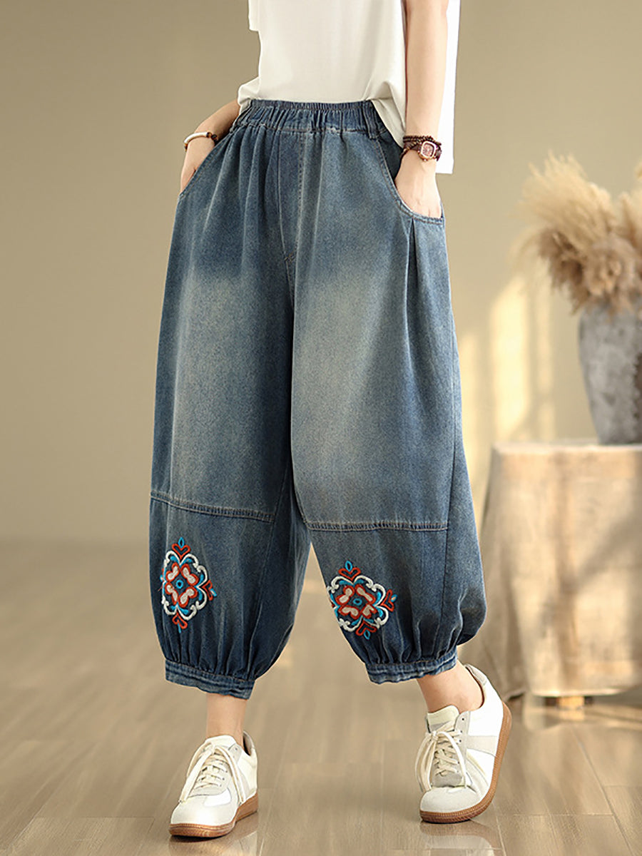Pantalon en jean à fleurs pour femme, sarouel brodé rétro 