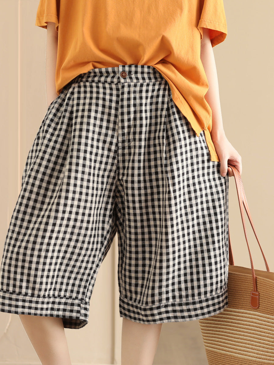 Women Summer Casual Plaid Linen Wide-leg Pants PP1028