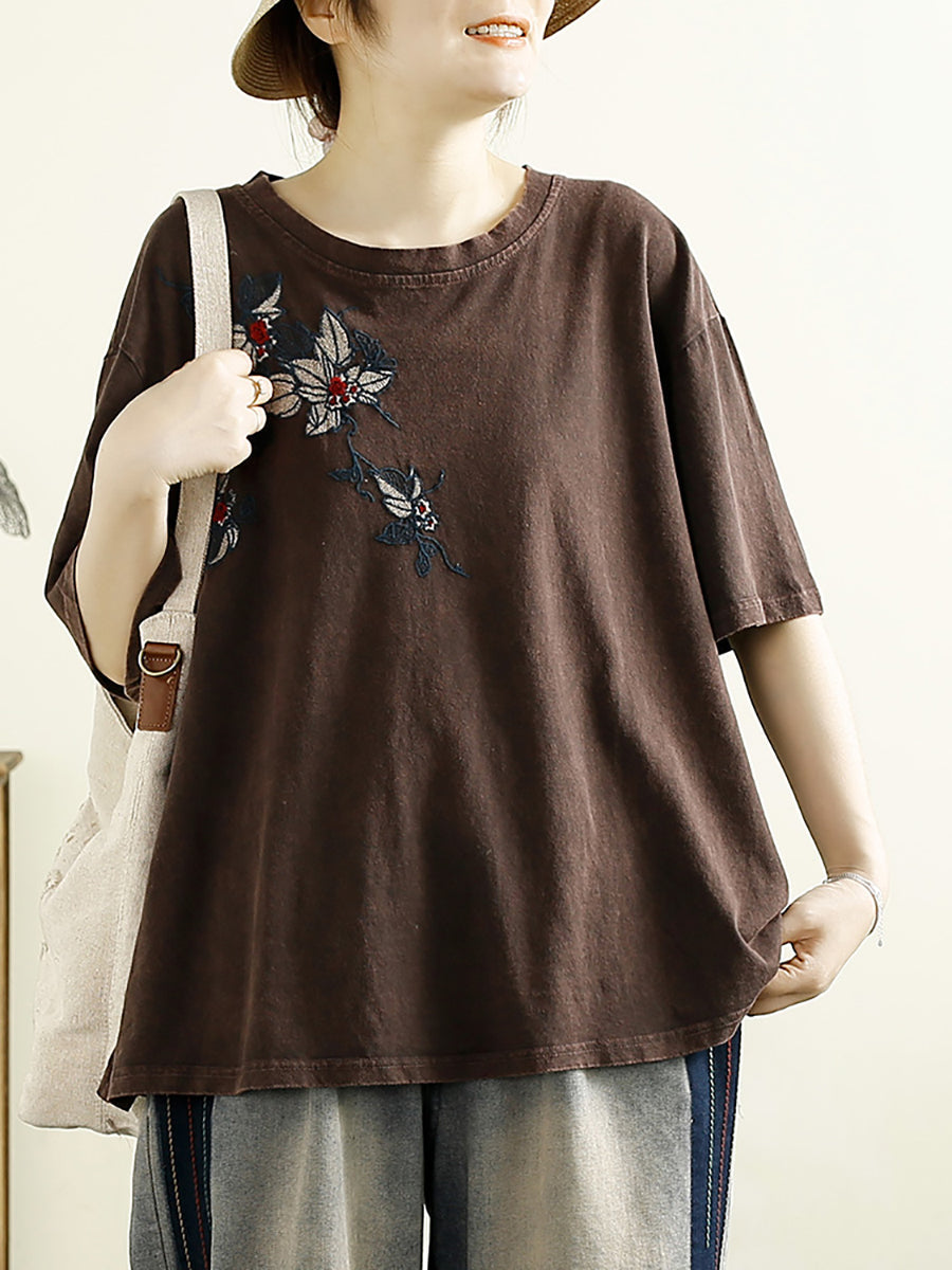 Women Summer Artsy Flower Embridery Cotton Shirt RR1012