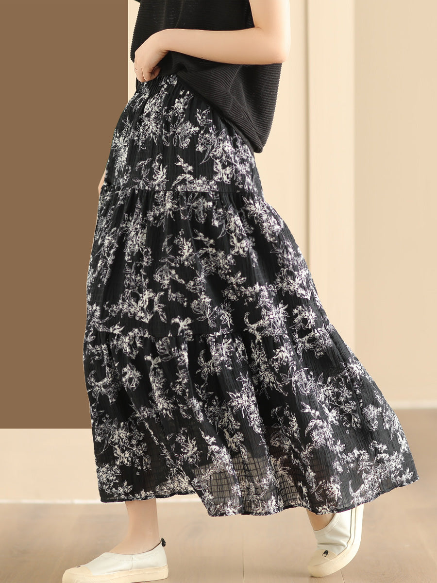 Women Summer Vintage Floral Cotton Loose Skirt CV1037