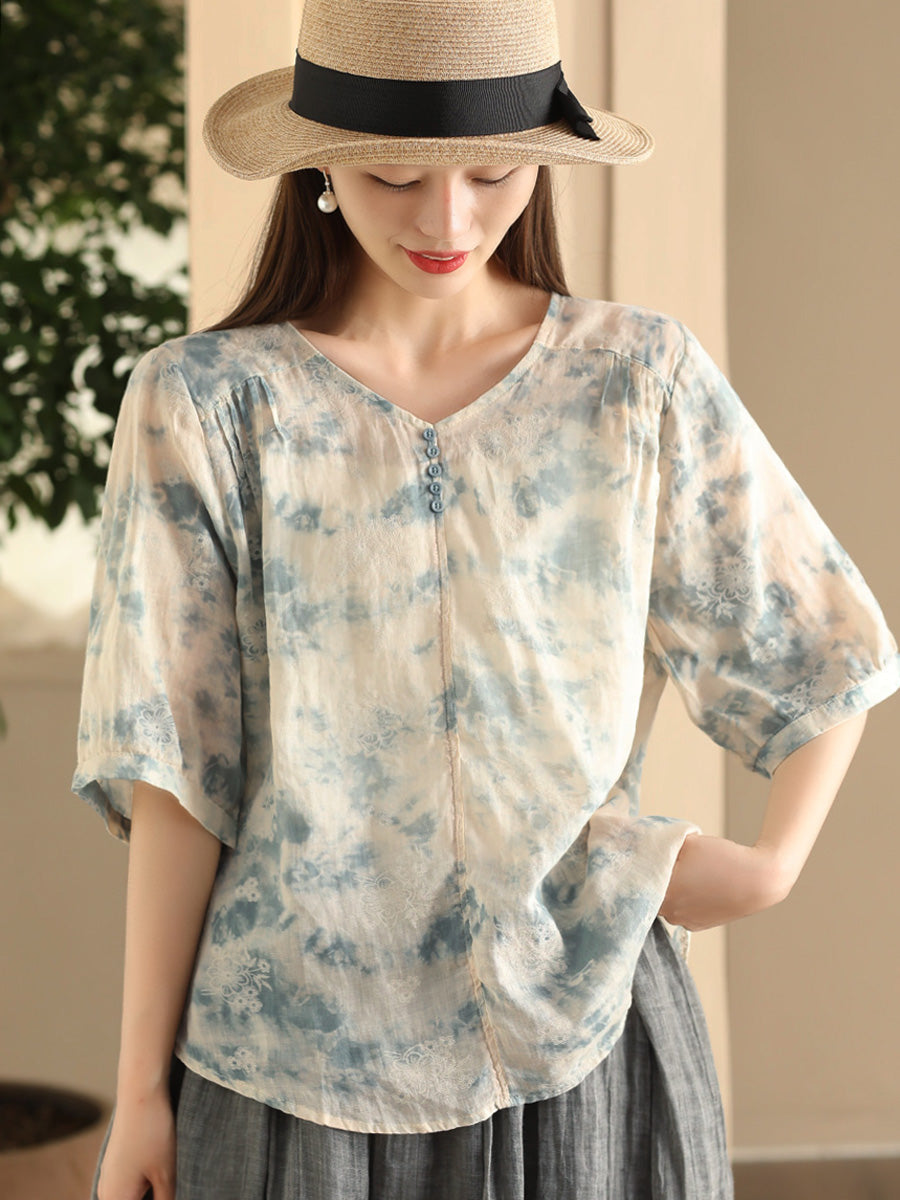 Women Summer Artsy Flower V-Neck Thin Ramie Shirt FD004