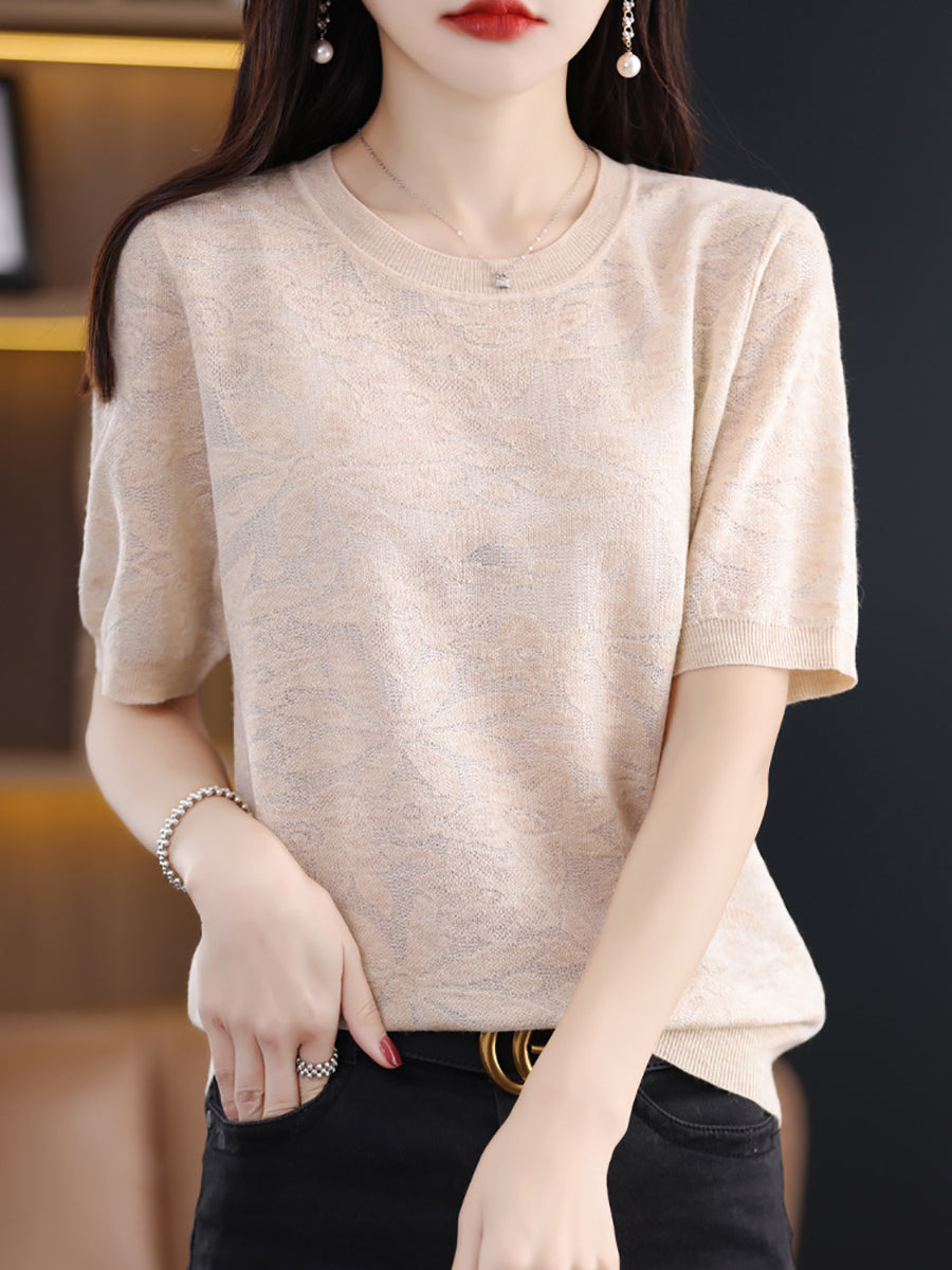 Women Summer Casual Flower Knitted Pullover Shirt WE1019