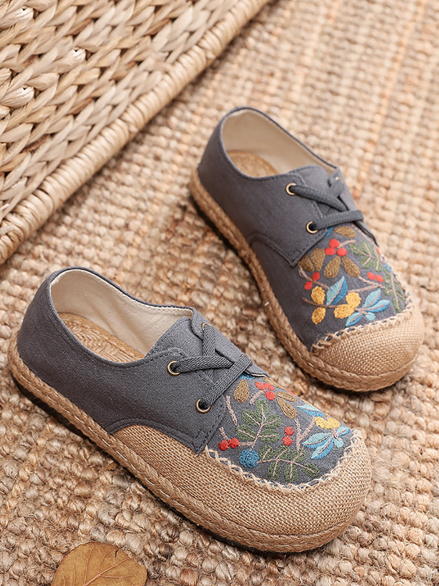 Women Summer Vintage Flower Embroidery Linen Cloth Shoes AT1068