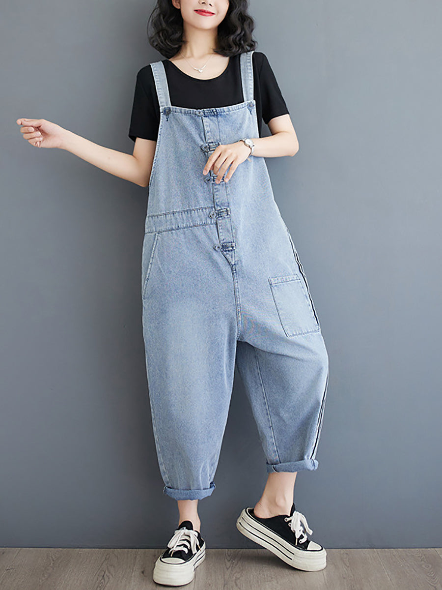 Women Summer Casual Solid Denim Shirred Jumpsuits AT1032