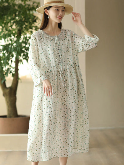 Robe d'été à bretelles et col rond pour femme en ramie à imprimé floral FD010