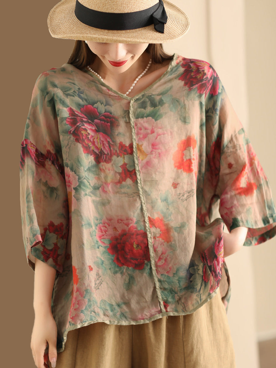 Women Vintage Floral V-Neck Linen Summer Shirt XX1014