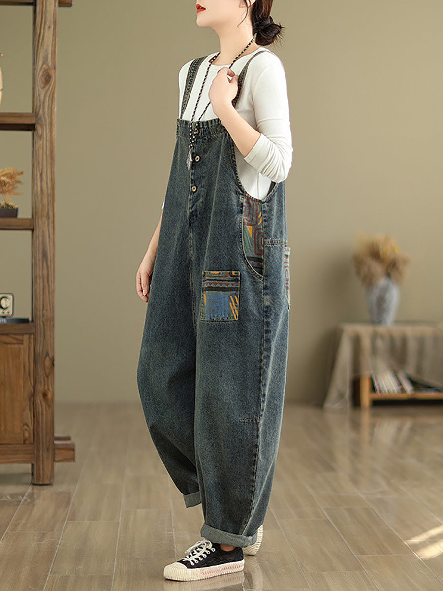 Women Casual Patchwork Loose Denim Jumpsuits