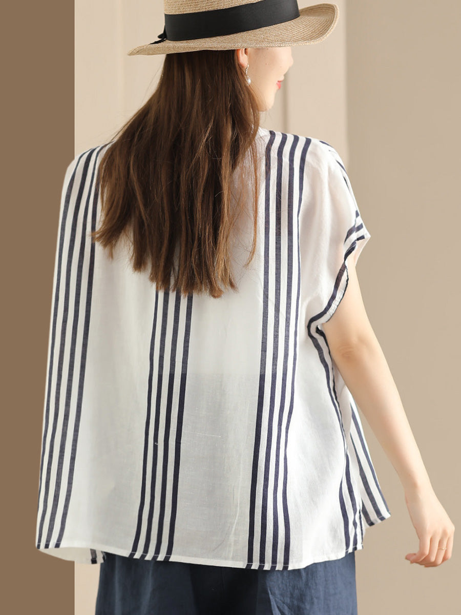 Women Summer Artsy Stripe V-Neck Thin Linen Shirt CV1053