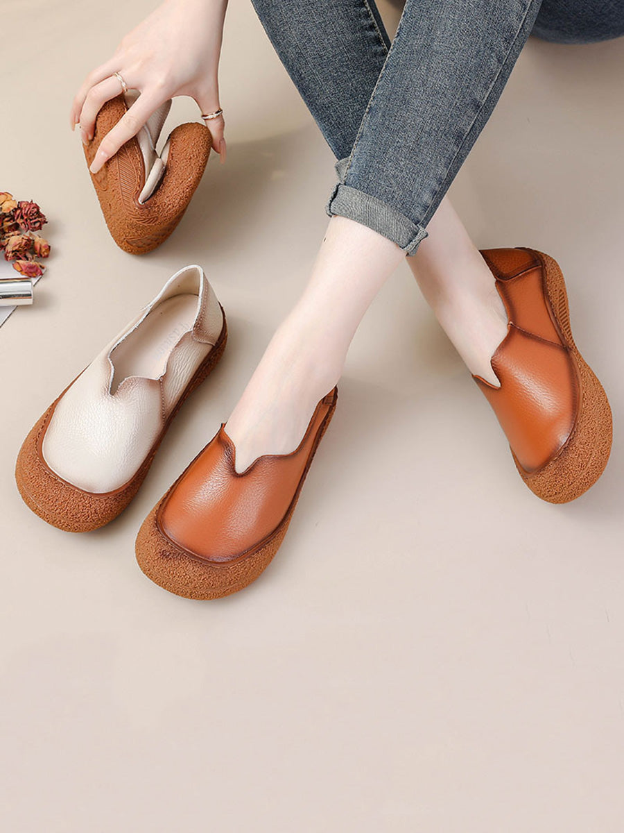 Women Summer Solid Soft Genuine Leather Flat Shoes CX042