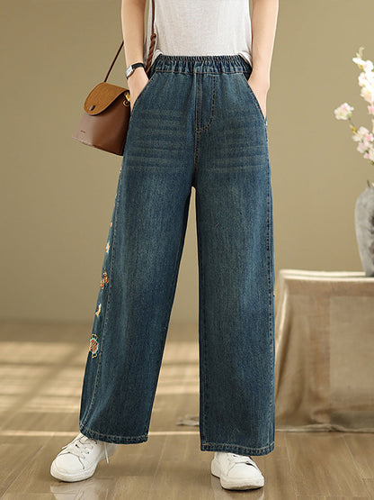 Pantalon brodé pour femme, jambe large, style rétro, en denim 