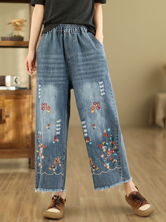 Frauen Sommer Retro Stickerei Ausgefranste Gerade Denim Hosen AS1042