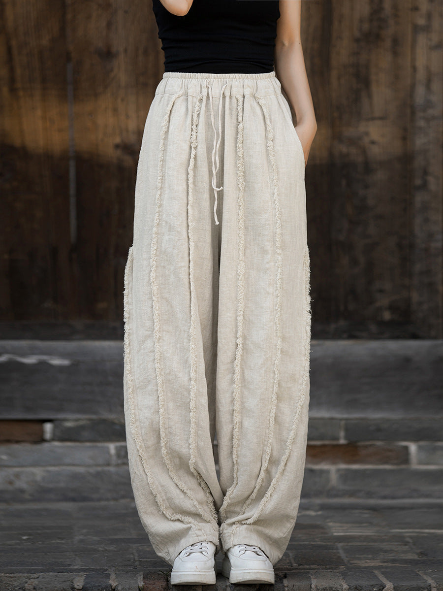 Women Ethnic Solid Raw-edge Wide-leg Ramie Pants FD053