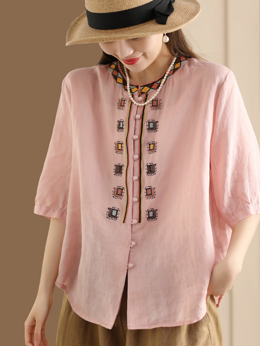 Women Summer Ethnic Embroidery Ramie Shirt BN1039