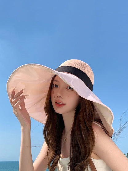 Chapeau d'été à large bord pour femme, résistant au soleil, colorblock, WE1002 