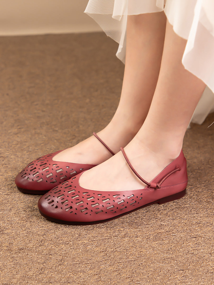 Women Artsy Summer Genuine Leather Cutout Flat Shoes LL052