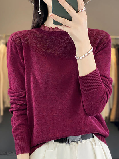 Pull ample 100 % laine à col en dentelle pour femme QM020