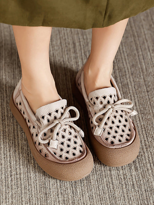 Echte Schuhe Aushöhlen Sommer Leder Flache Frauen