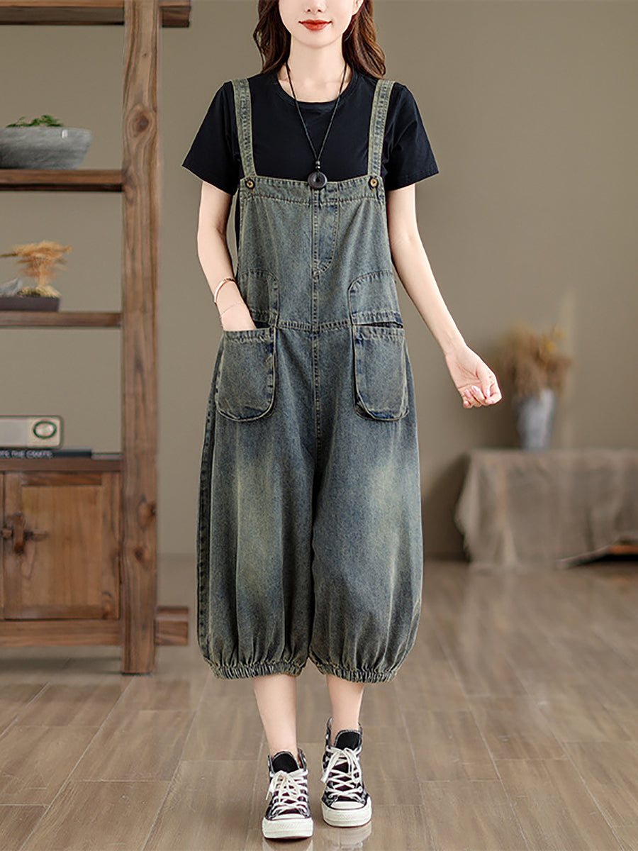 Damen Retro Sommer Einfarbig Tasche Denim Overalls FG1035