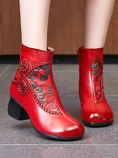 Bottes d'hiver ethniques à talons mi-hauts en cuir épissé à fleurs pour femmes AI1013