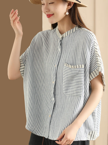 Chemise d'été en lin à rayures artistiques pour femmes WE1039