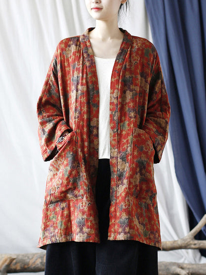 Manteau cardigan à poches et col en V à motif floral ethnique pour femme RR019