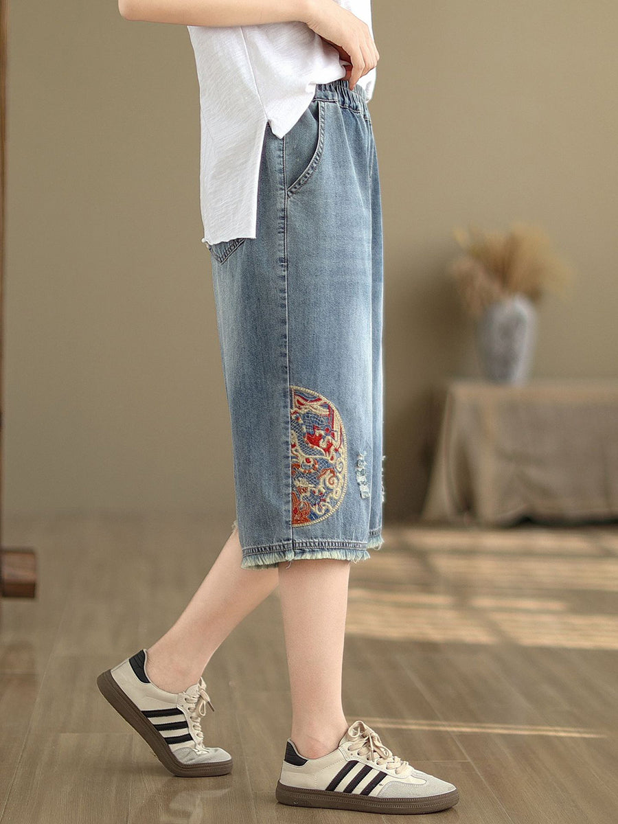 Women Summer Embroidery Knee-Length Denim Pants IO1023