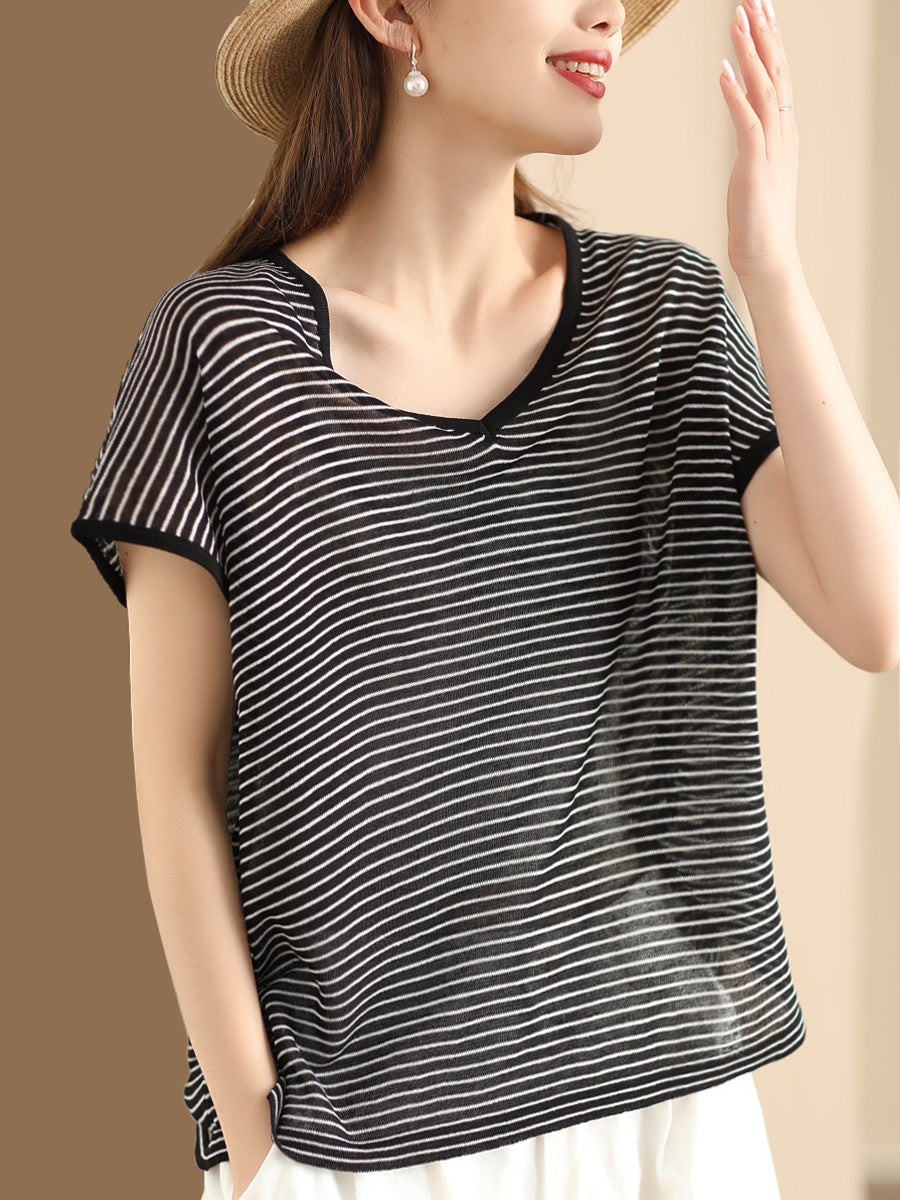 Women Summer Casual Stripe V-Neck Shirt AA1013