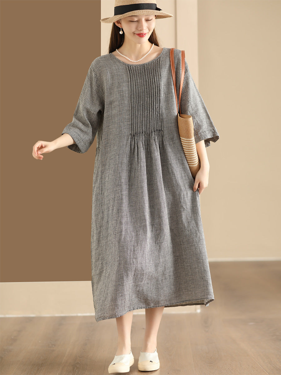 Women Summer Vintage Lattice Shirred O-Neck Ramie Dress OP1051