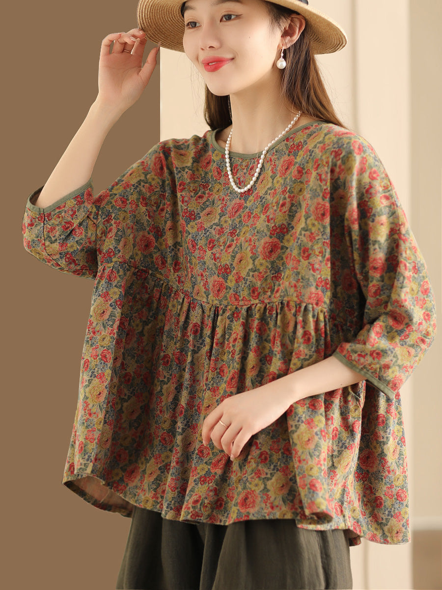 Women Summer Vintage Flower Spliced Loose Shirt XX1047