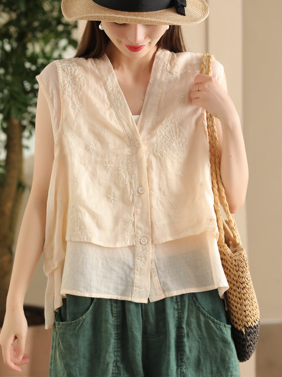 Women Summer Ethnic Embroidery Button-up Spliced Ramie Vest FD001