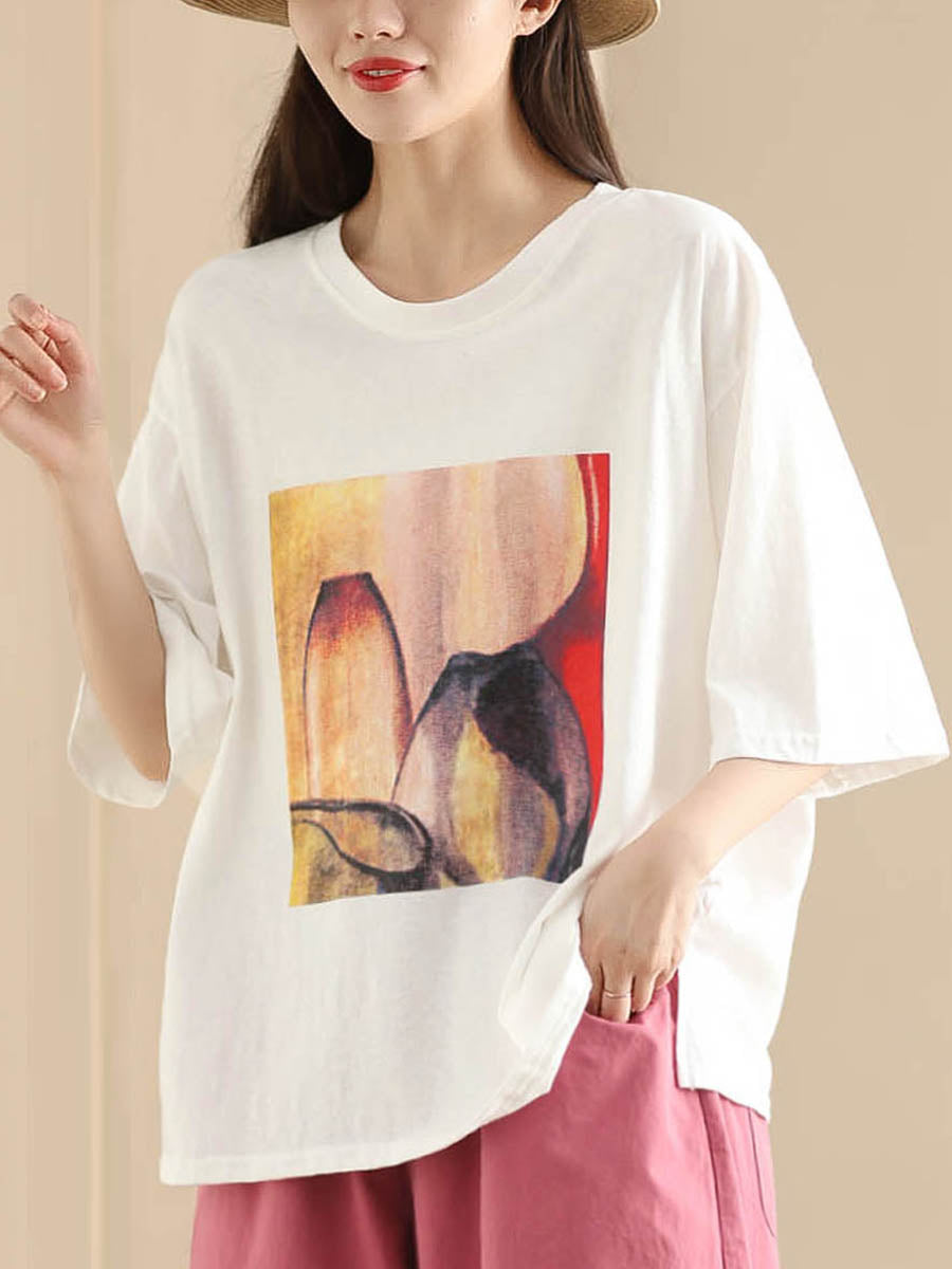 Women Summer Casual Print O-Neck Loose Shirt HH042