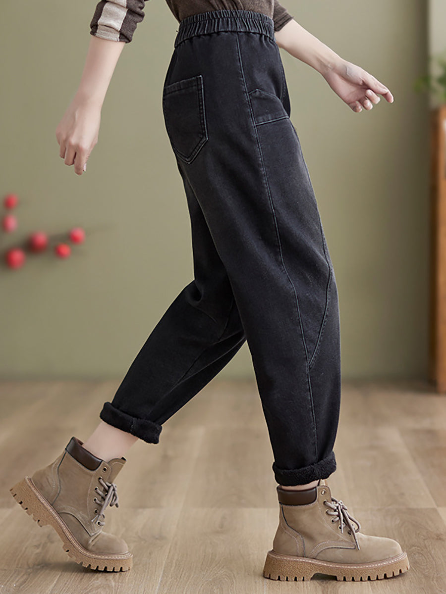 Women Autumn Vintage Solid Fleece-lined Harem Pants QN025