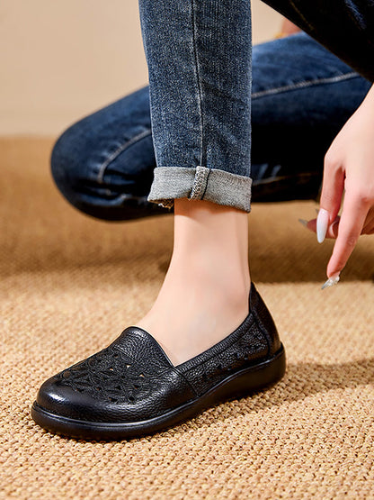 Chaussures mi-hautes en cuir à fleurs pour femmes, talon souple, été