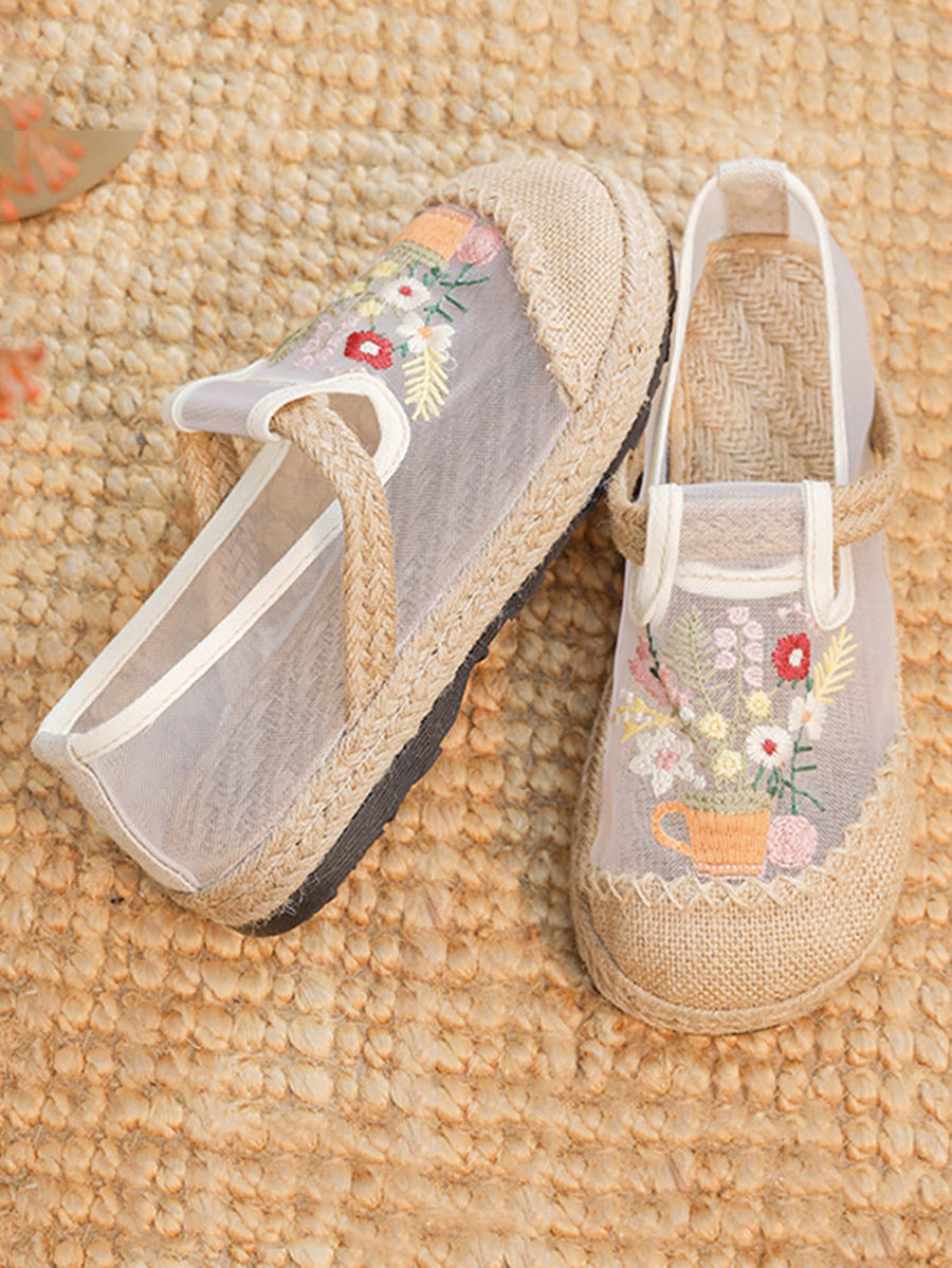 Women Summer Flower Embroidery Linen Spliced Shoes TY1030