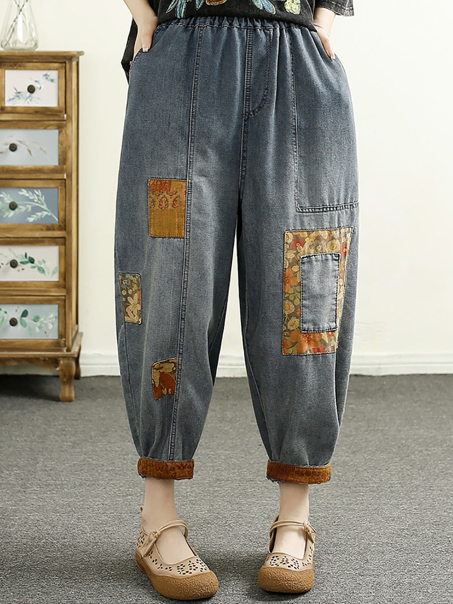 Damen Sommer Vintage Patch Gespleißt Denim Haremshose HH040