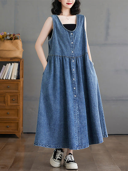 Women Casual Summer Denim A-Shape Loose Vest Dress FD054