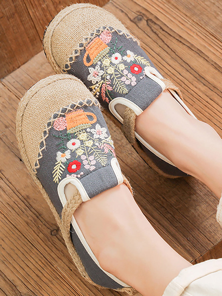 Women Summer Artsy Flower Embroidery Linen Cotton Shoes AT1080