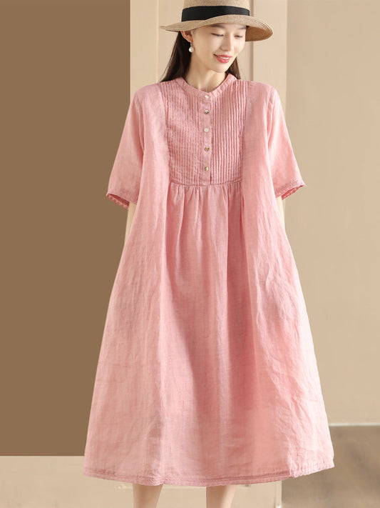 Women Summer Casual Solid Shirred Button Linen Dress HH019