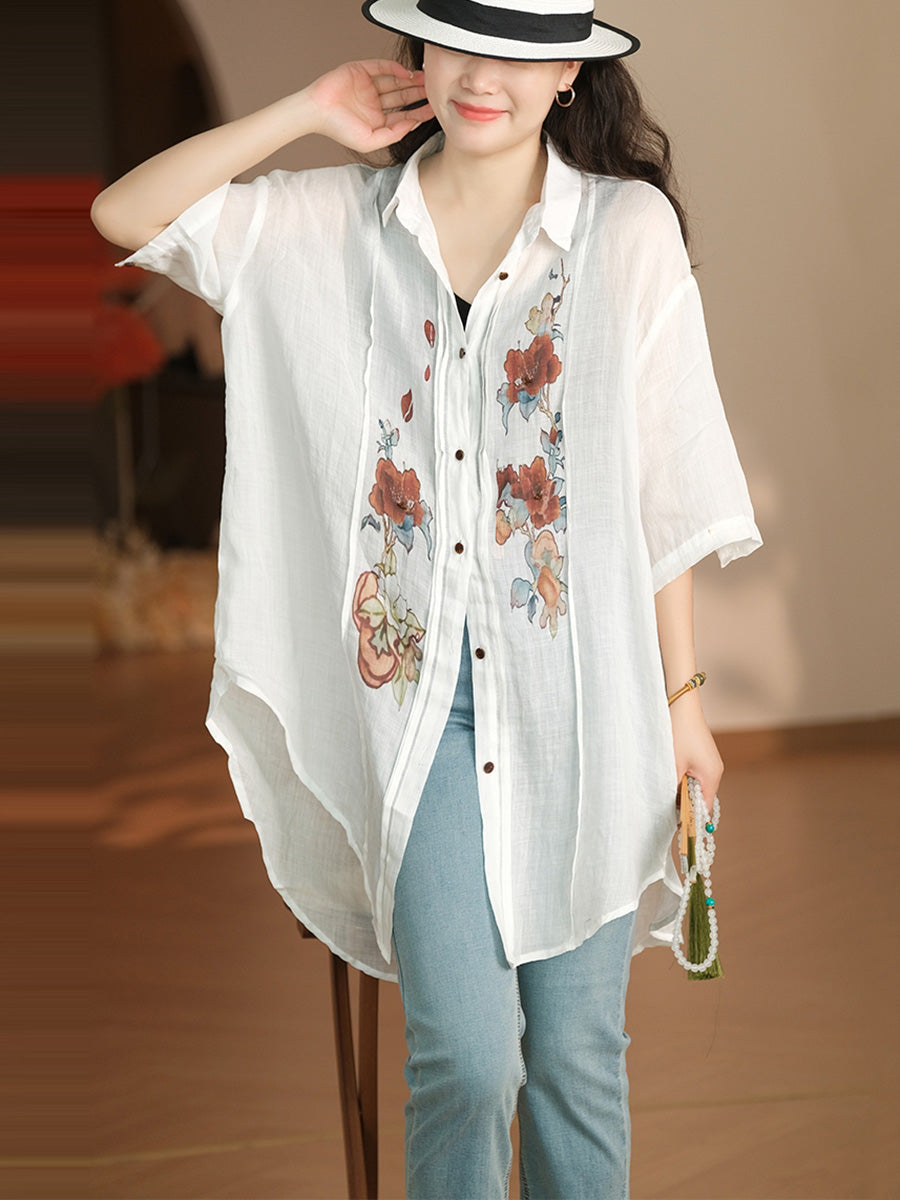 Damen Sommer Artsy Flower Shirred Button-up Ramie Shirt LL041